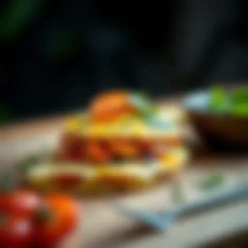 A stunning omelette garnished with fresh herbs and vegetables, showcasing vibrant colors.