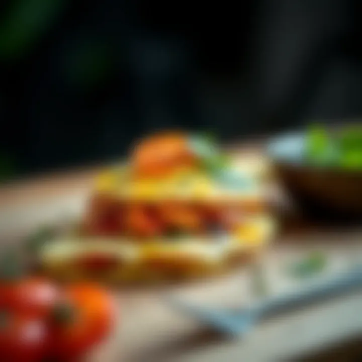 A stunning omelette garnished with fresh herbs and vegetables, showcasing vibrant colors.