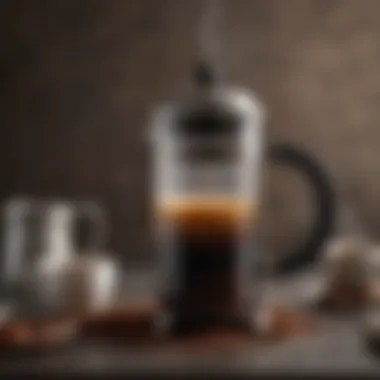 An elegant setup of coffee grounds and hot water in a French press, highlighting the brewing technique.