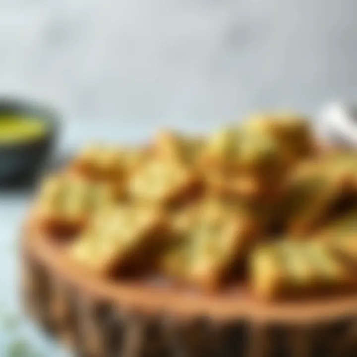 Artistic Matcha Crackers Display An artistic presentation of matcha crackers served on a rustic wooden platter.
