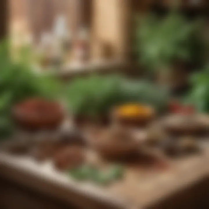 A variety of Mediterranean herbs and spices displayed on a rustic kitchen counter