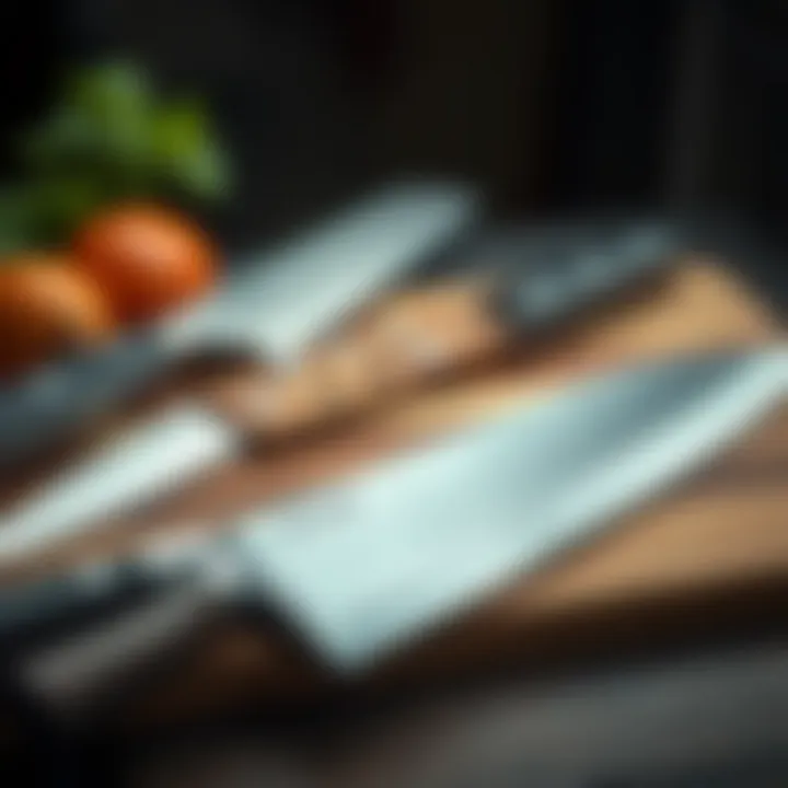 Comparison of Misen chef knife with competitor knives on a wooden cutting board