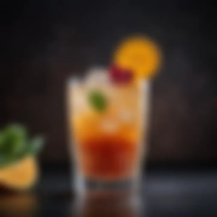 A modern cocktail garnished with intricate details and colors