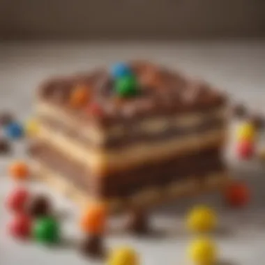 Decadent Dessert Featuring M&M's Bars A close-up of a decadent dessert featuring M&M's Bars as a central ingredient