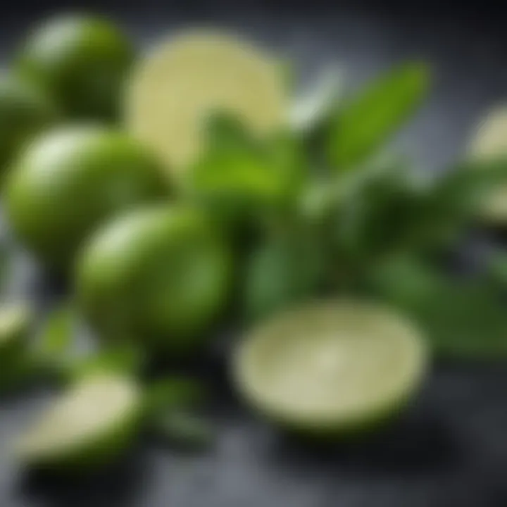 Close-up of vibrant ingredients for mojito including mint leaves, limes, and sugar.