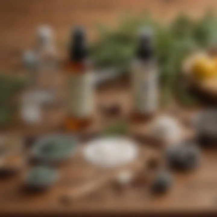 A collection of natural ingredients commonly used in DIY mold sprays, arranged aesthetically on a wooden surface.