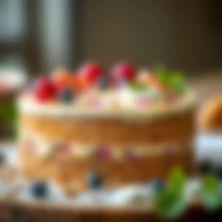 Decadent Healthy Cake An elegant display of a decadent yet healthy cake adorned with natural sweeteners and garnishes.