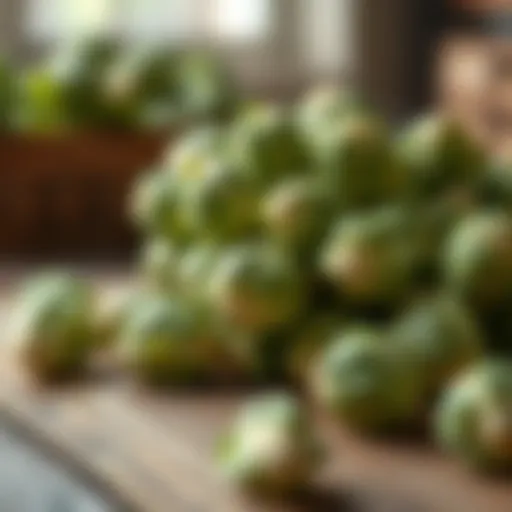 Freshly harvested Brussels sprouts on a wooden table