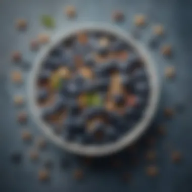 A bowl of blueberries surrounded by other fruits and nuts, representing a balanced diet