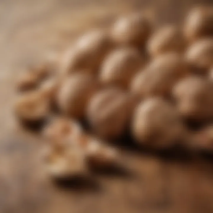 A close-up of walnuts on a wooden surface