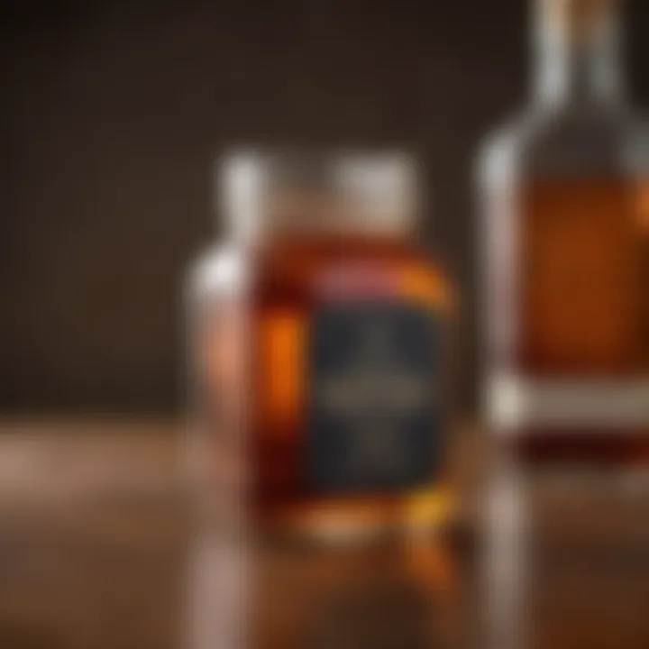 A rich amber hue of bourbon syrup in a glass jar, showcasing its alluring color.