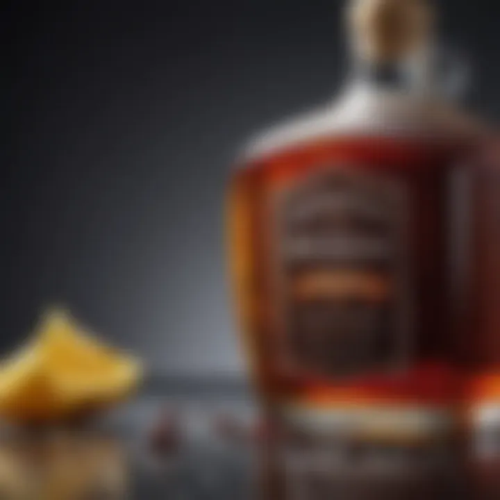 A close-up view of key ingredients used in bourbon syrup: sugar, water, and a splash of bourbon.