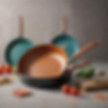 A colorful assortment of non-stick frying pans arranged aesthetically.