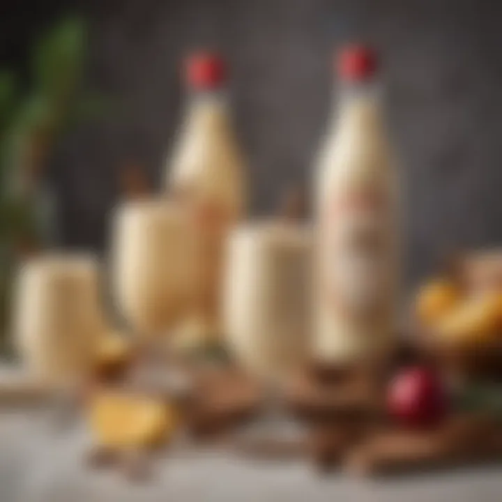 A variety of liquor bottles arranged elegantly, showcasing options for enhancing eggnog.