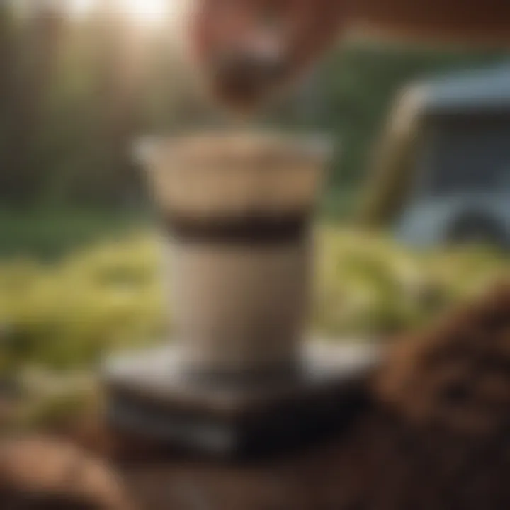 Close-up of a coffee filter holder paired with fresh coffee grounds and a camping mug, highlighting the brewing setup.