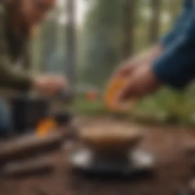 A user cleaning a coffee filter holder by a campfire, demonstrating maintenance practices for outdoor equipment.