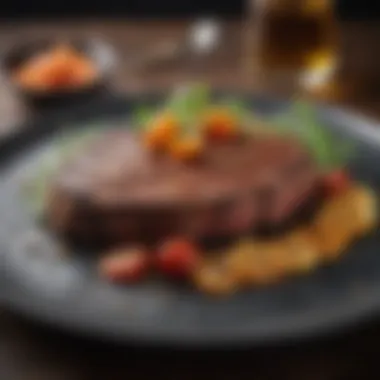 A gourmet dish featuring organic steak, garnished artistically