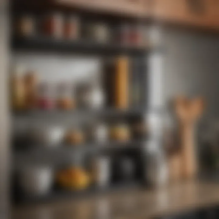 Organized kitchen shelf with liners enhancing aesthetic appeal