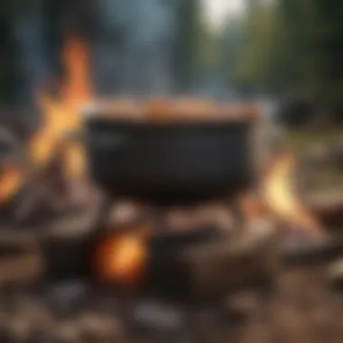 An outdoor setup featuring a pot over a campfire, emphasizing practical usage.