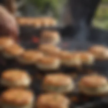 An outdoor grill showcasing shrimp burgers being cooked