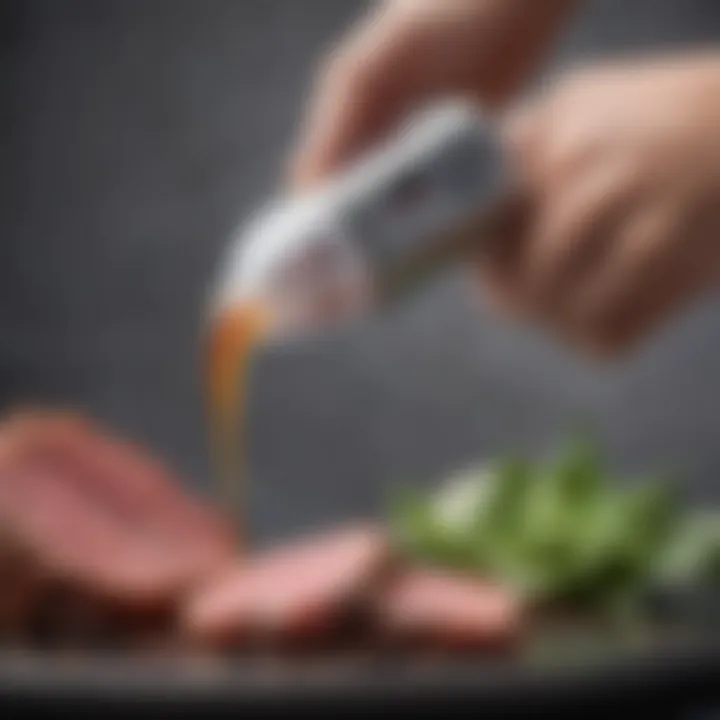 Detailed view of the Oxo Flavor Injector in action, infusing a succulent cut of meat.