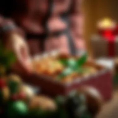 A close-up of a hand elegantly packaging homemade cookies in a decorative box.