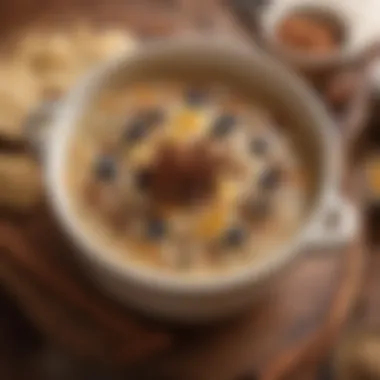 A close-up of a steaming bowl of hot cereal with spices and toppings