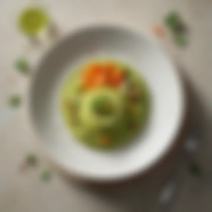 Elegant plated dish featuring pea puree as a base with colorful vegetables