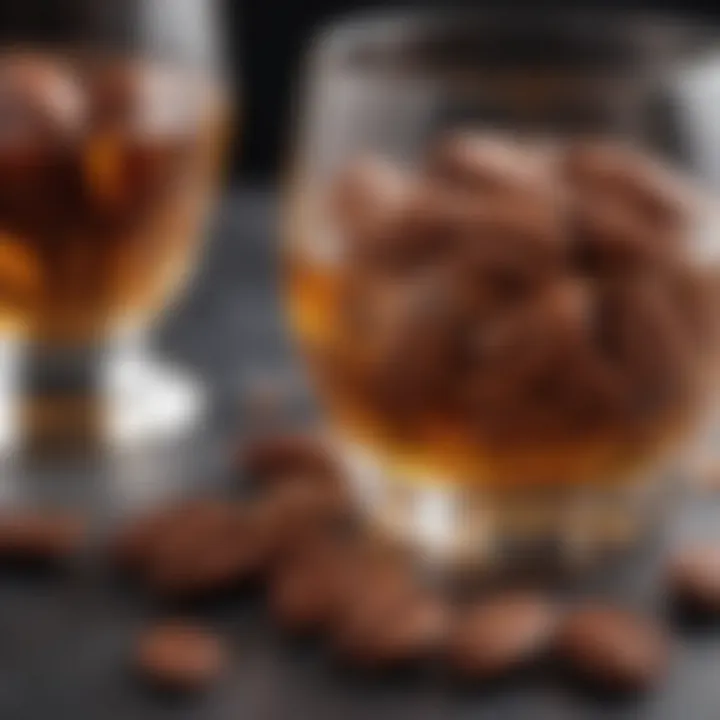 Close-up of pecans and whiskey in a glass