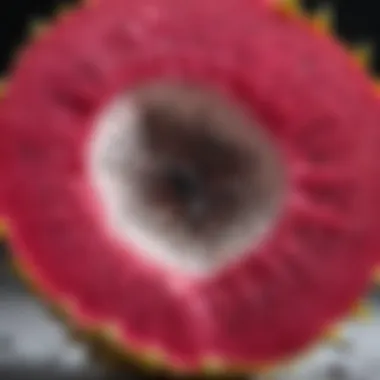 Cross-section of a peeled dragon fruit revealing its striking white flesh and black seeds