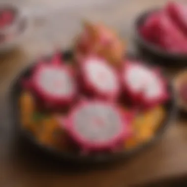 A colorful platter displaying various culinary dishes featuring dragon fruit as a key ingredient