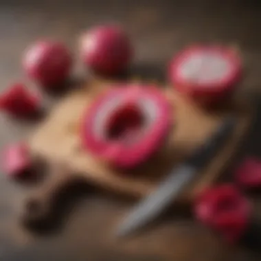 Illustration of the essential tools needed for peeling dragon fruit, including a knife and cutting board