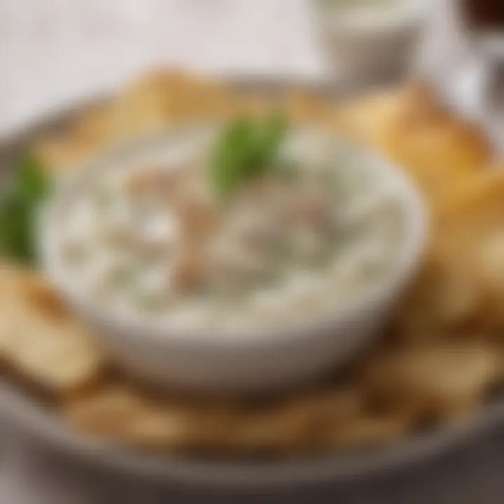 A bowl of creamy clam dip garnished with herbs