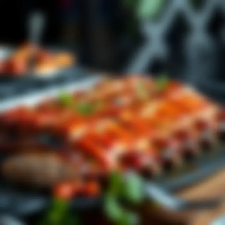 Serving Exquisite Grilled Pork Ribs A platter of grilled pork ribs garnished with herbs and spices