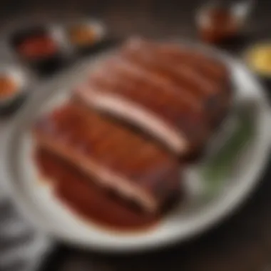 Plated Ribs with BBQ Sauce A beautifully plated dish of ribs served with a side of complementary BBQ sauce