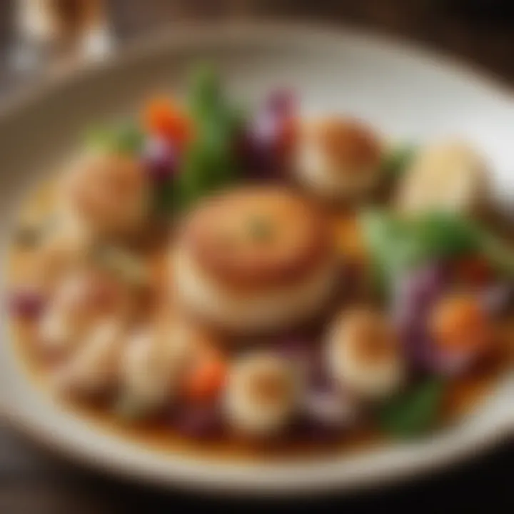 A delectable scallop dish garnished with vibrant vegetables