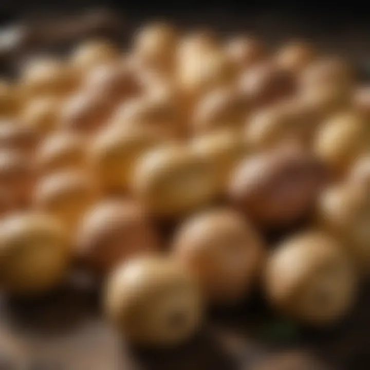 An assortment of different potato varieties suitable for baking displayed on a rustic table.