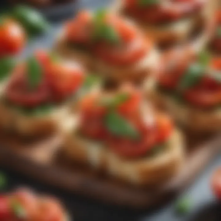 Delicious bite-sized bruschetta topped with fresh tomatoes and basil on toasted bread