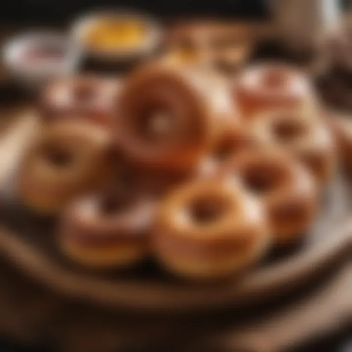 Freshly baked donuts arranged on a wooden platter