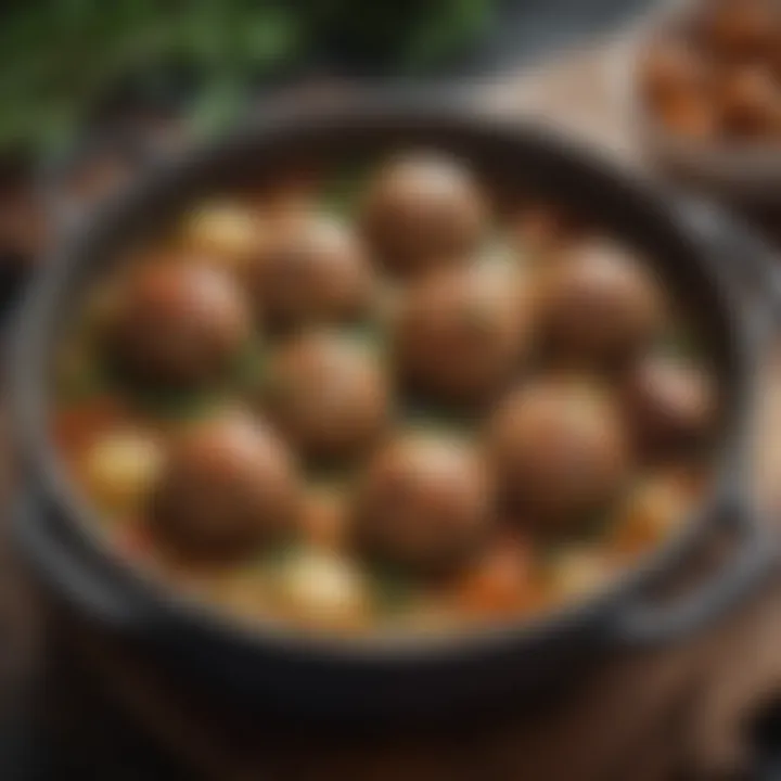 A close-up of succulent meatballs simmering in a rich, savory broth.