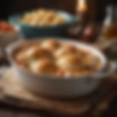 A cozy chicken casserole bubbling in a ceramic dish.