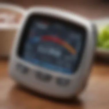 Close-up of a glucose meter displaying borderline levels