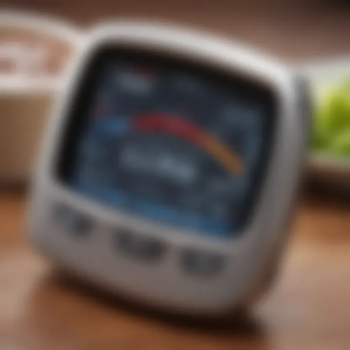 Close-up of a glucose meter displaying borderline levels