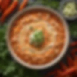 A vibrant bowl of Red Hots Buffalo Chicken Dip garnished with fresh herbs