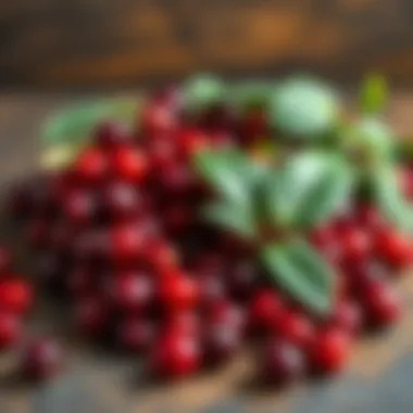 Fresh Cranberries Ready for Juice Extraction Cranberries displayed with their leaves on a rustic surface