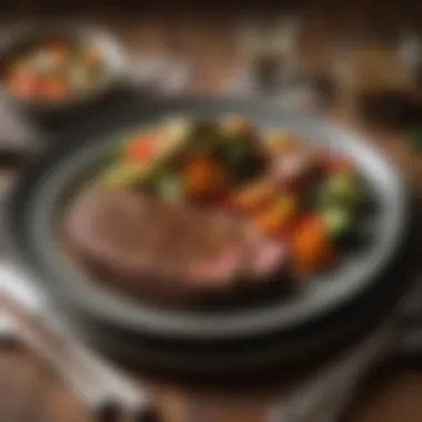 An elegant table setting featuring a delicious steak with sautéed vegetables, ideal for a keto dinner.