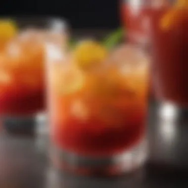 A close-up of a glass filled with rum punch, emphasizing its rich colors and enticing texture.