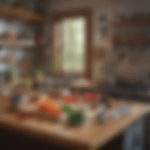 A well-organized kitchen workspace with tools and ingredients neatly arranged.