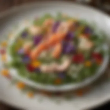 Seafood Salad with Floral Touch An elegant presentation of a seafood salad with edible flowers and microgreens.