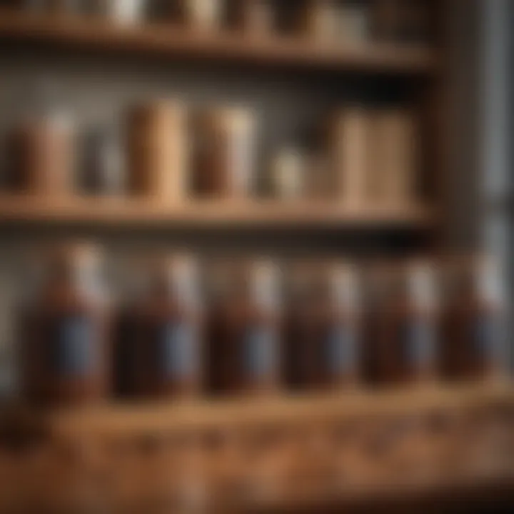 An array of high-quality coffee beans and elegant storage jars displayed on a wooden shelf.